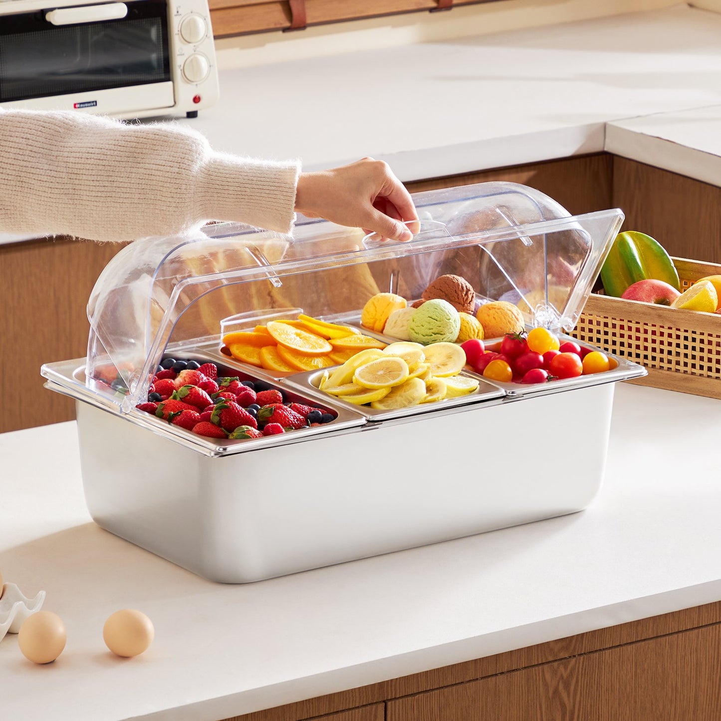 Countertop Food Serving Display Container – 5 Pan Condiment Dispenser with Lid for Restaurants & Home