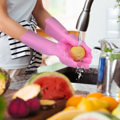 Silicone Cleaning Gloves with Built-In Brush – Heat Resistant Dishwashing & Pet Scrubbing Gloves (1 Pair)