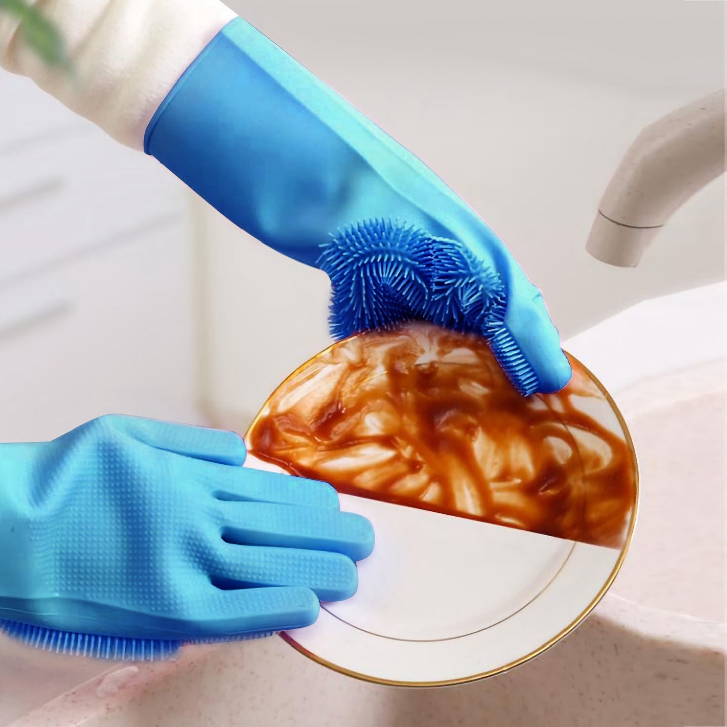Silicone Cleaning Gloves with Built-In Brush – Heat Resistant Dishwashing & Pet Scrubbing Gloves (1 Pair)