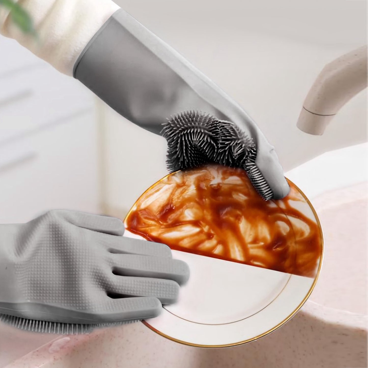 Silicone Cleaning Gloves with Built-In Brush – Heat Resistant Dishwashing & Pet Scrubbing Gloves (1 Pair)