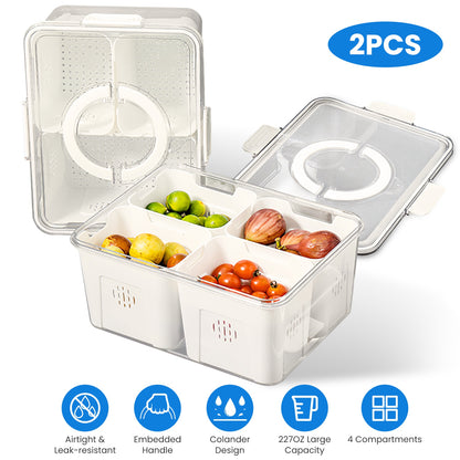 Airtight Fruit & Vegetable Storage Containers (2 Pack) – 4 Compartment Fridge Organizer with Removable Colanders, Leakproof Food Keeper