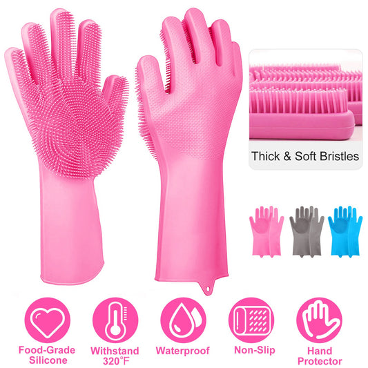 Silicone Cleaning Gloves with Built-In Brush – Heat Resistant Dishwashing & Pet Scrubbing Gloves (1 Pair)