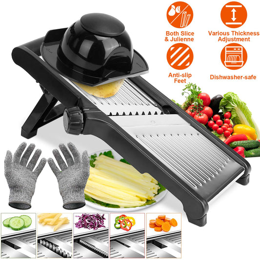 Mandoline Food Slicer – Stainless Steel Vegetable & Fruit Cutter with 5 Adjustable Blades, Julienne Grater & Peeler with Food Holder