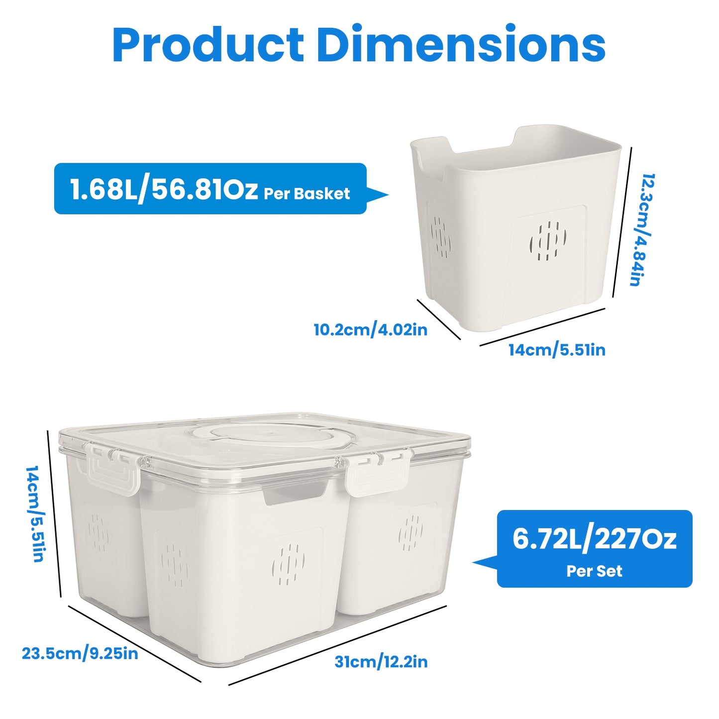 Airtight Fruit & Vegetable Storage Containers (2 Pack) – 4 Compartment Fridge Organizer with Removable Colanders, Leakproof Food Keeper