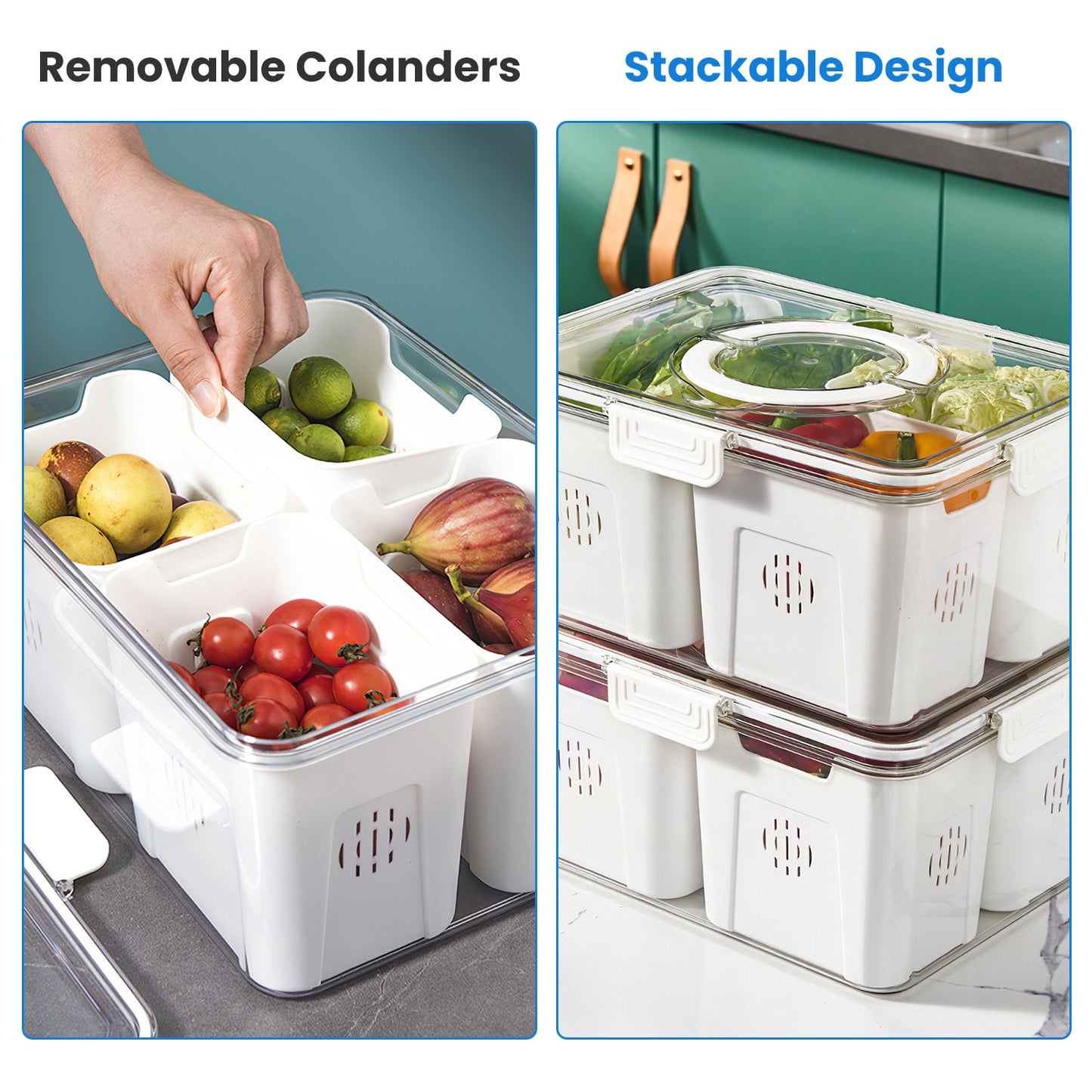 Airtight Fruit & Vegetable Storage Containers (2 Pack) – 4 Compartment Fridge Organizer with Removable Colanders, Leakproof Food Keeper