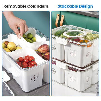 Airtight Fruit & Vegetable Storage Containers (2 Pack) – 4 Compartment Fridge Organizer with Removable Colanders, Leakproof Food Keeper