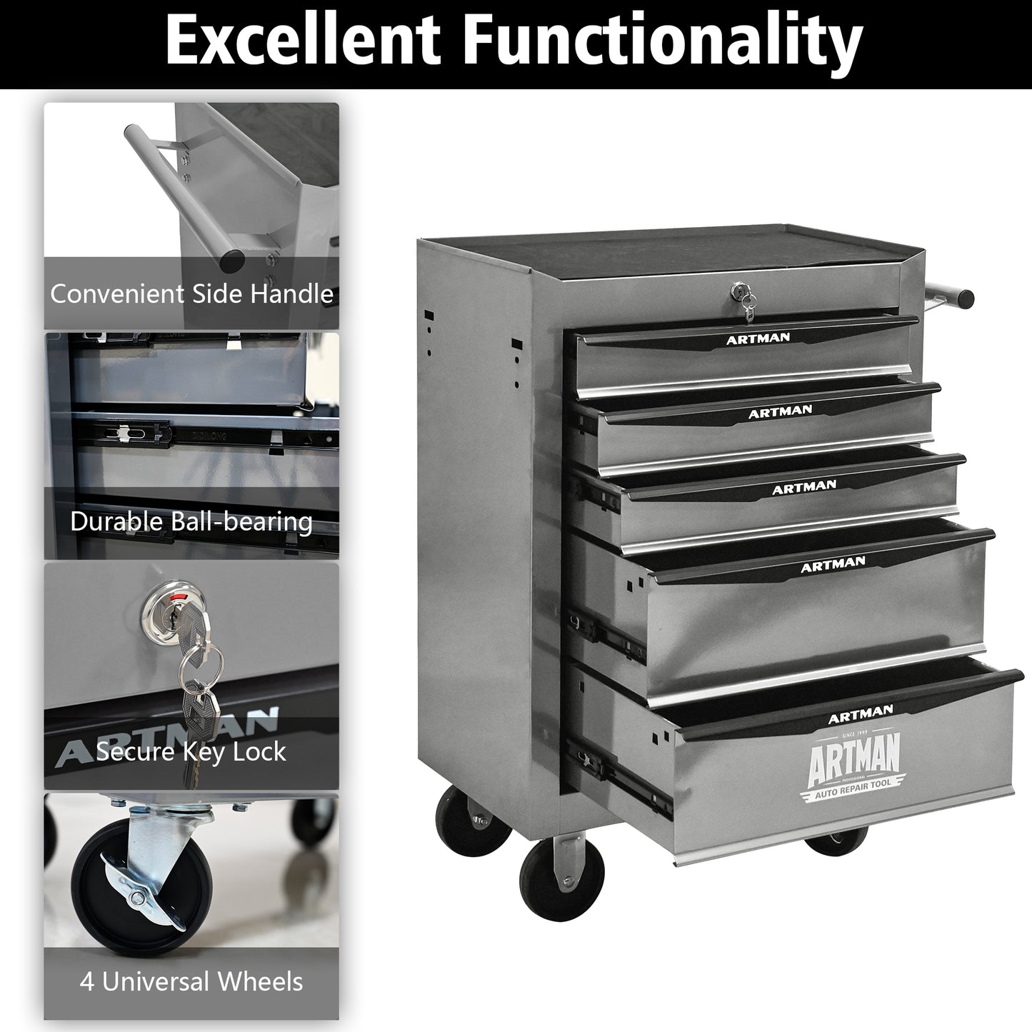 Rolling Tool Chest with 5 Drawers – 20" Steel Tool Storage Cabinet with Ball Bearing Slides, Lockable Organizer Box (Silver)