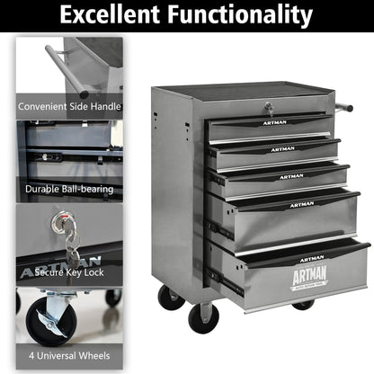 Rolling Tool Chest with 5 Drawers – 20" Steel Tool Storage Cabinet with Ball Bearing Slides, Lockable Organizer Box (Silver)