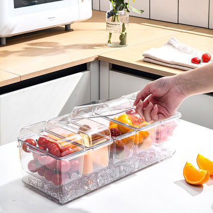 Ice Chilled Condiment Caddy Serving Tray – 1 Set Salad Platter with 5 Removable Containers, Lids, Tongs & Sporks