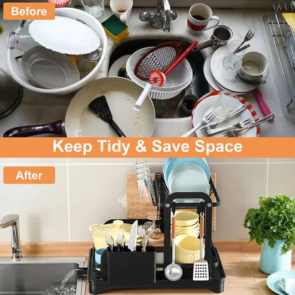 2-Tier Dish Drying Rack For Kitchen Counter Space Saving Rustproof Dish Rack With Drainboard Detachable Kitchen Drainer Organizer Set