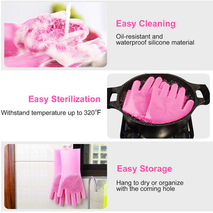 Silicone Cleaning Gloves with Built-In Brush – Heat Resistant Dishwashing & Pet Scrubbing Gloves (1 Pair)