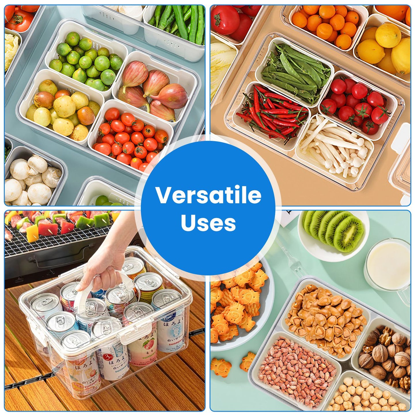 Airtight Fruit & Vegetable Storage Containers (2 Pack) – 4 Compartment Fridge Organizer with Removable Colanders, Leakproof Food Keeper