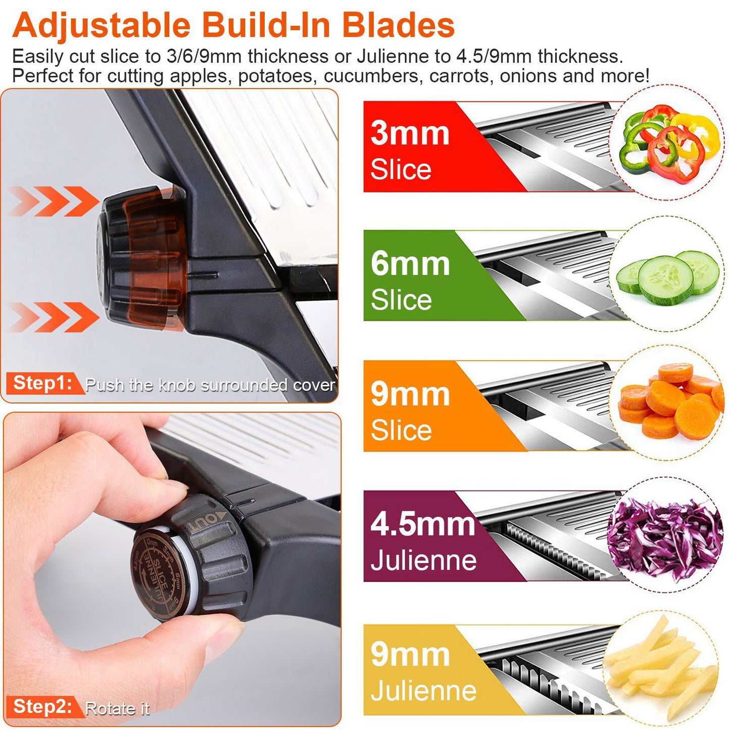 Mandoline Food Slicer – Stainless Steel Vegetable & Fruit Cutter with 5 Adjustable Blades, Julienne Grater & Peeler with Food Holder