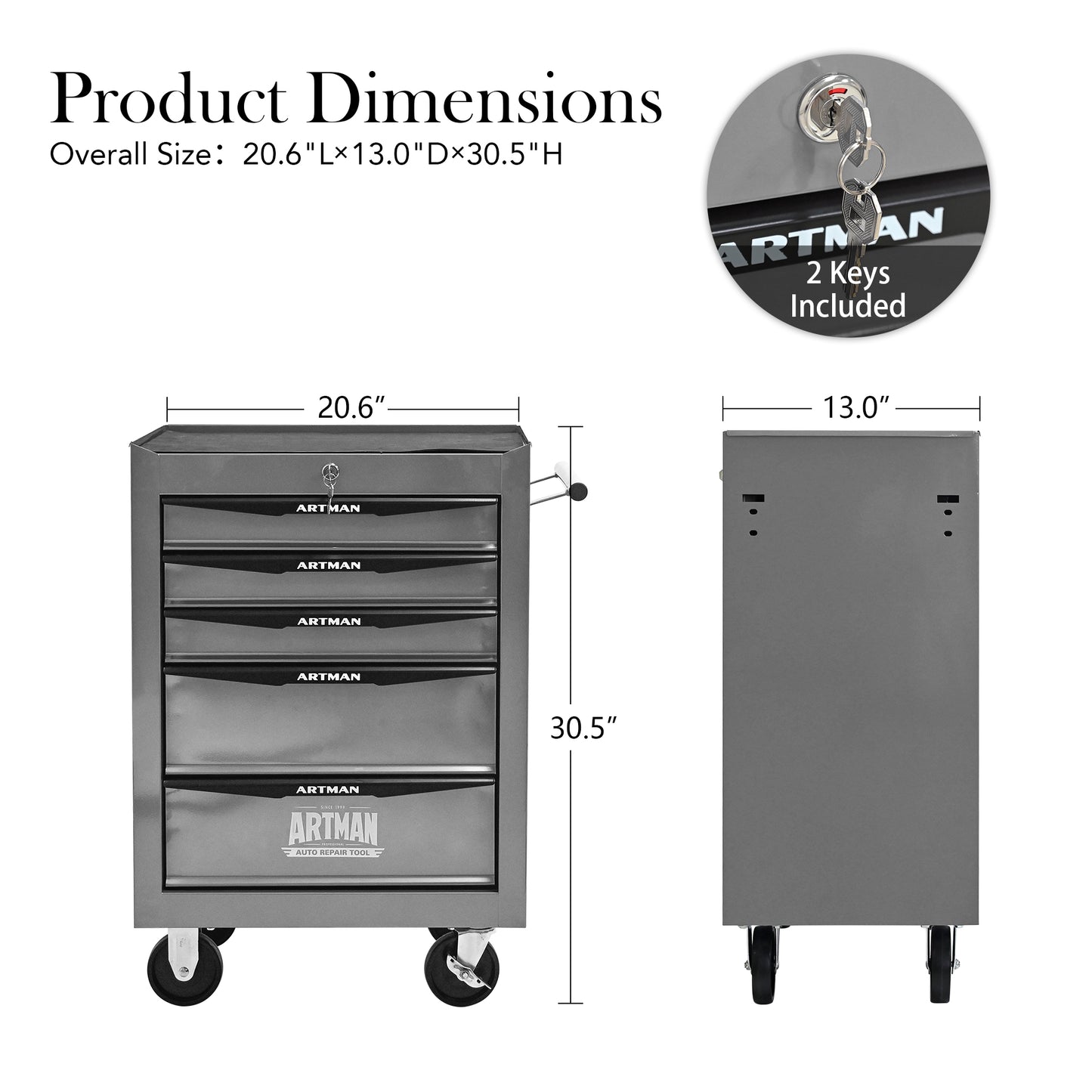 Rolling Tool Chest with 5 Drawers – 20" Steel Tool Storage Cabinet with Ball Bearing Slides, Lockable Organizer Box (Silver)