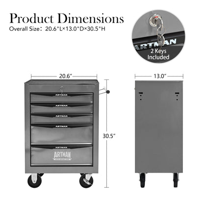 Rolling Tool Chest with 5 Drawers – 20" Steel Tool Storage Cabinet with Ball Bearing Slides, Lockable Organizer Box (Silver)