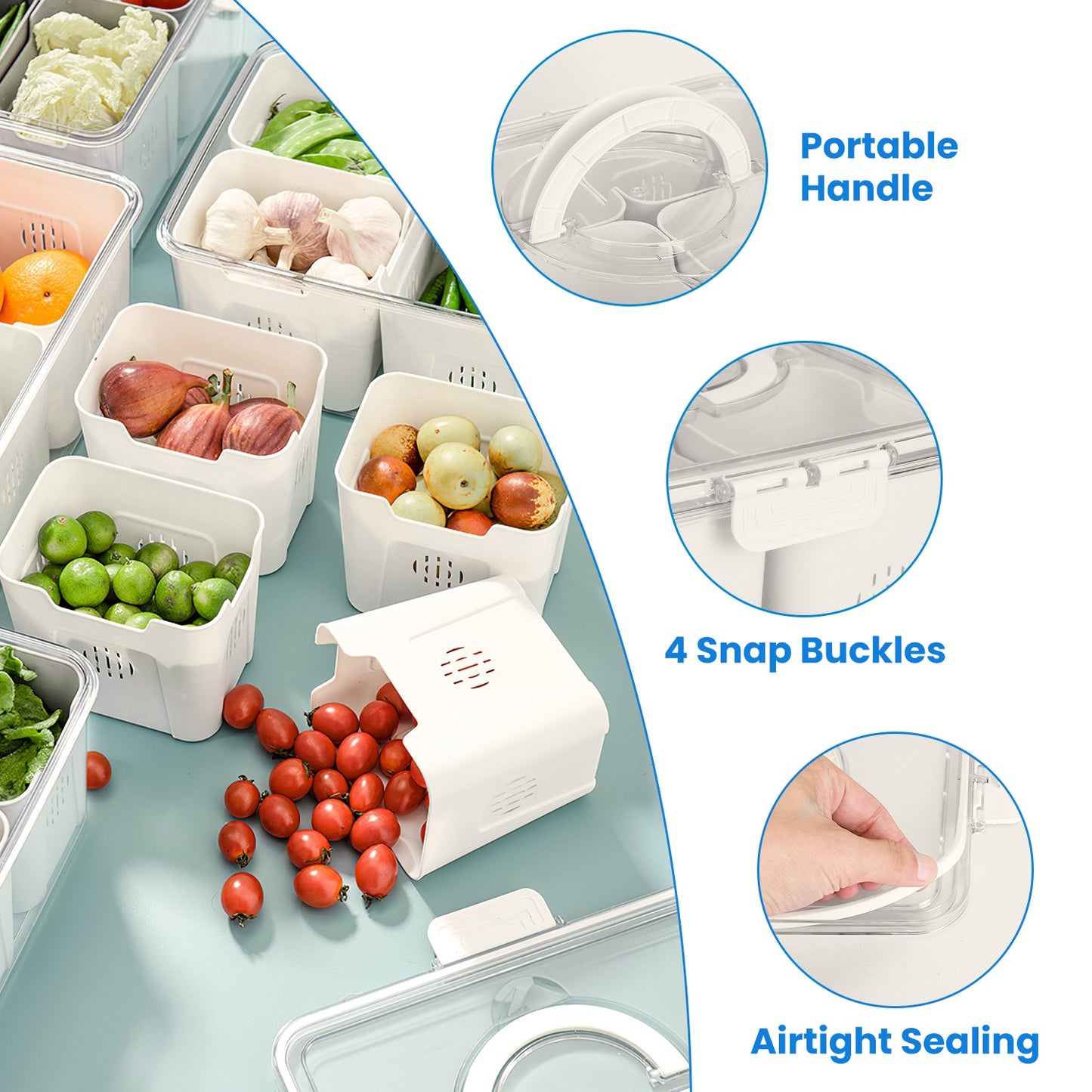 Airtight Fruit & Vegetable Storage Containers (2 Pack) – 4 Compartment Fridge Organizer with Removable Colanders, Leakproof Food Keeper