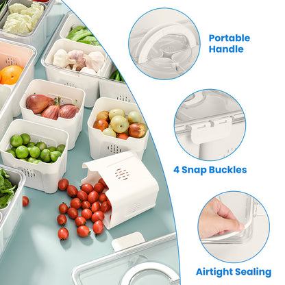 Airtight Fruit & Vegetable Storage Containers (2 Pack) – 4 Compartment Fridge Organizer with Removable Colanders, Leakproof Food Keeper