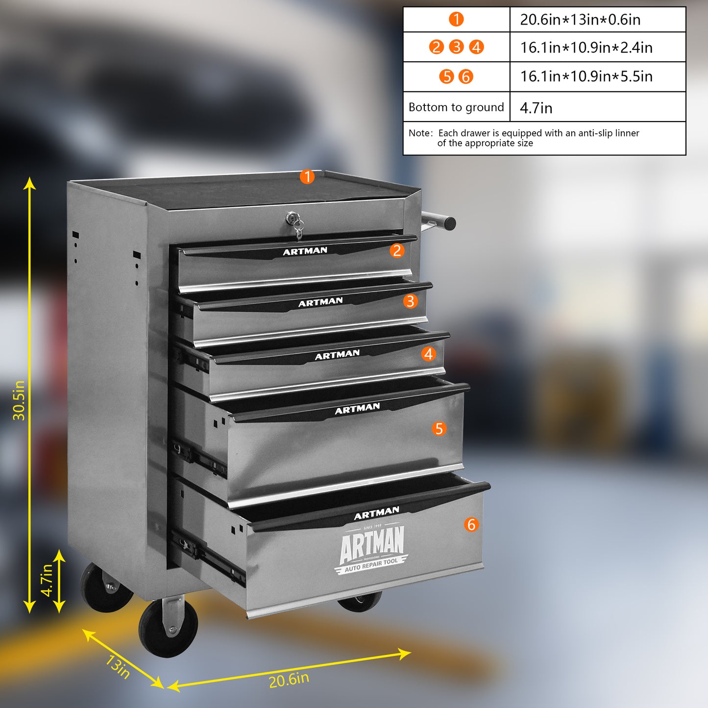 Rolling Tool Chest with 5 Drawers – 20" Steel Tool Storage Cabinet with Ball Bearing Slides, Lockable Organizer Box (Silver)