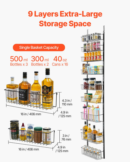Over the Door Pantry Organizer (9 Tier) – Adjustable Hanging Storage Rack for Kitchen & Bathroom, Space Saving Door Organizer