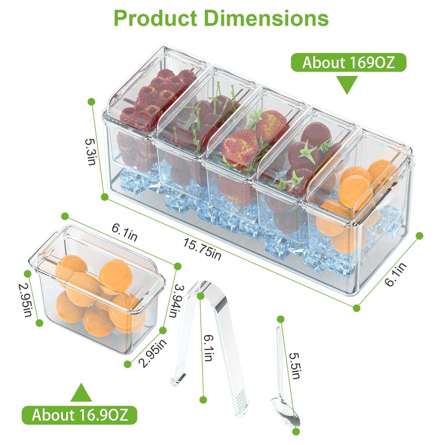 Ice Chilled Condiment Caddy Serving Tray – 1 Set Salad Platter with 5 Removable Containers, Lids, Tongs & Sporks