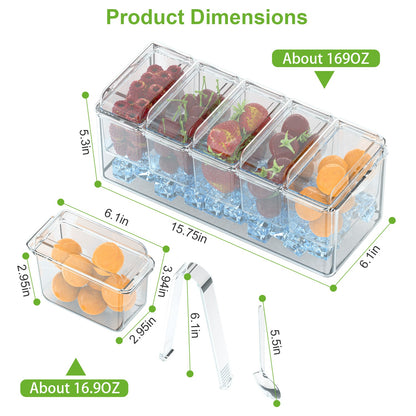Ice Chilled Condiment Caddy Serving Tray – 1 Set Salad Platter with 5 Removable Containers, Lids, Tongs & Sporks