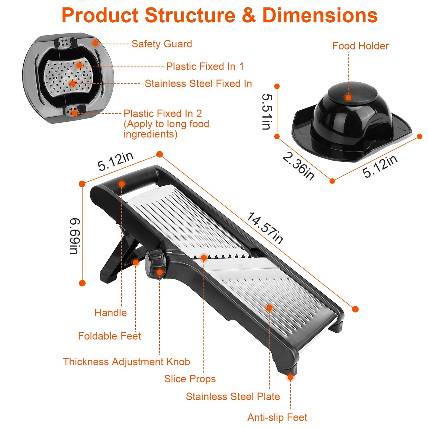 Mandoline Food Slicer – Stainless Steel Vegetable & Fruit Cutter with 5 Adjustable Blades, Julienne Grater & Peeler with Food Holder