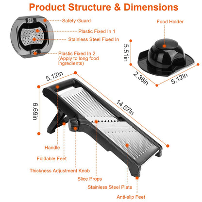 Mandoline Food Slicer – Stainless Steel Vegetable & Fruit Cutter with 5 Adjustable Blades, Julienne Grater & Peeler with Food Holder