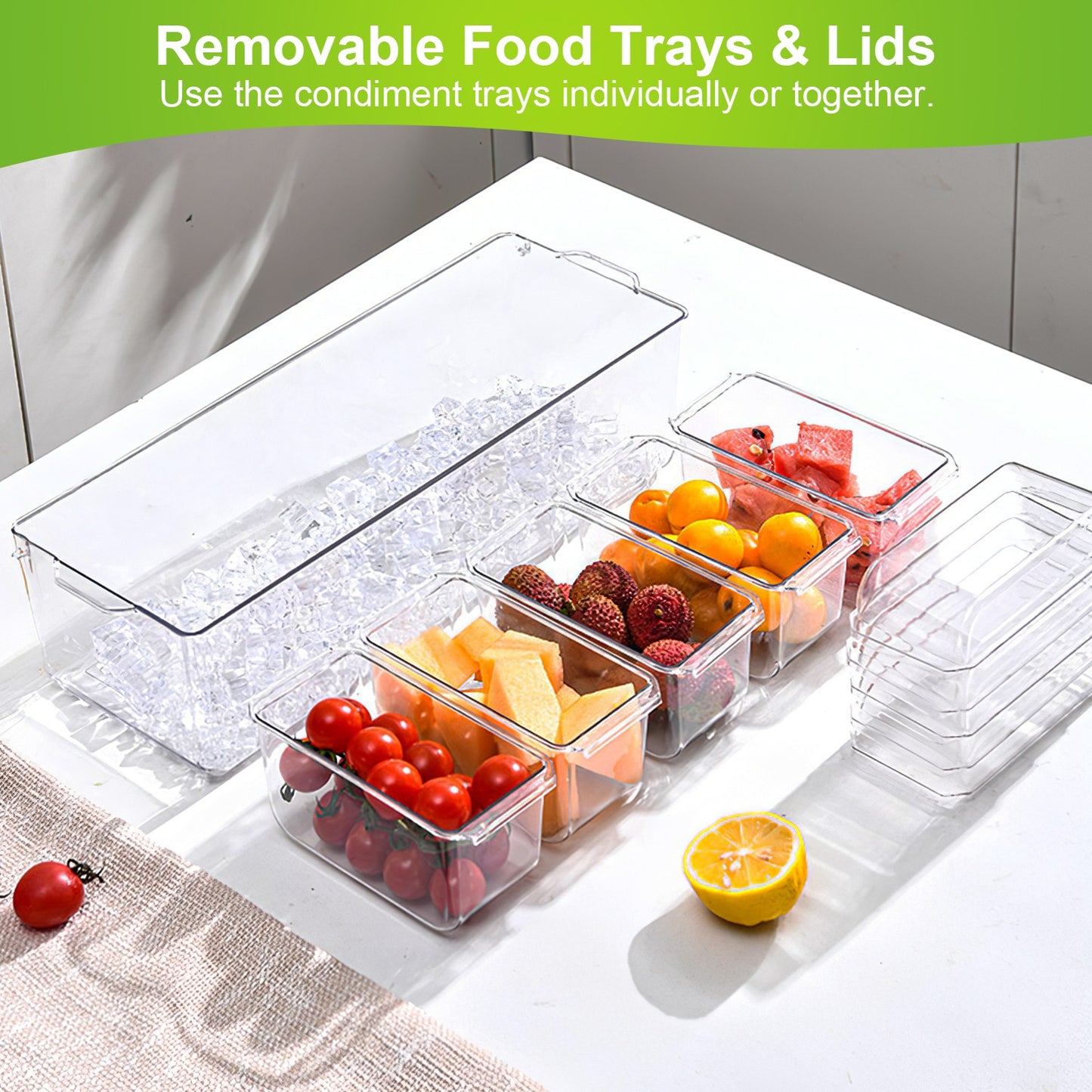 Ice Chilled Condiment Caddy Serving Tray – 1 Set Salad Platter with 5 Removable Containers, Lids, Tongs & Sporks