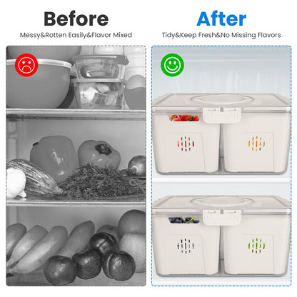 Airtight Fruit & Vegetable Storage Containers (2 Pack) – 4 Compartment Fridge Organizer with Removable Colanders, Leakproof Food Keeper