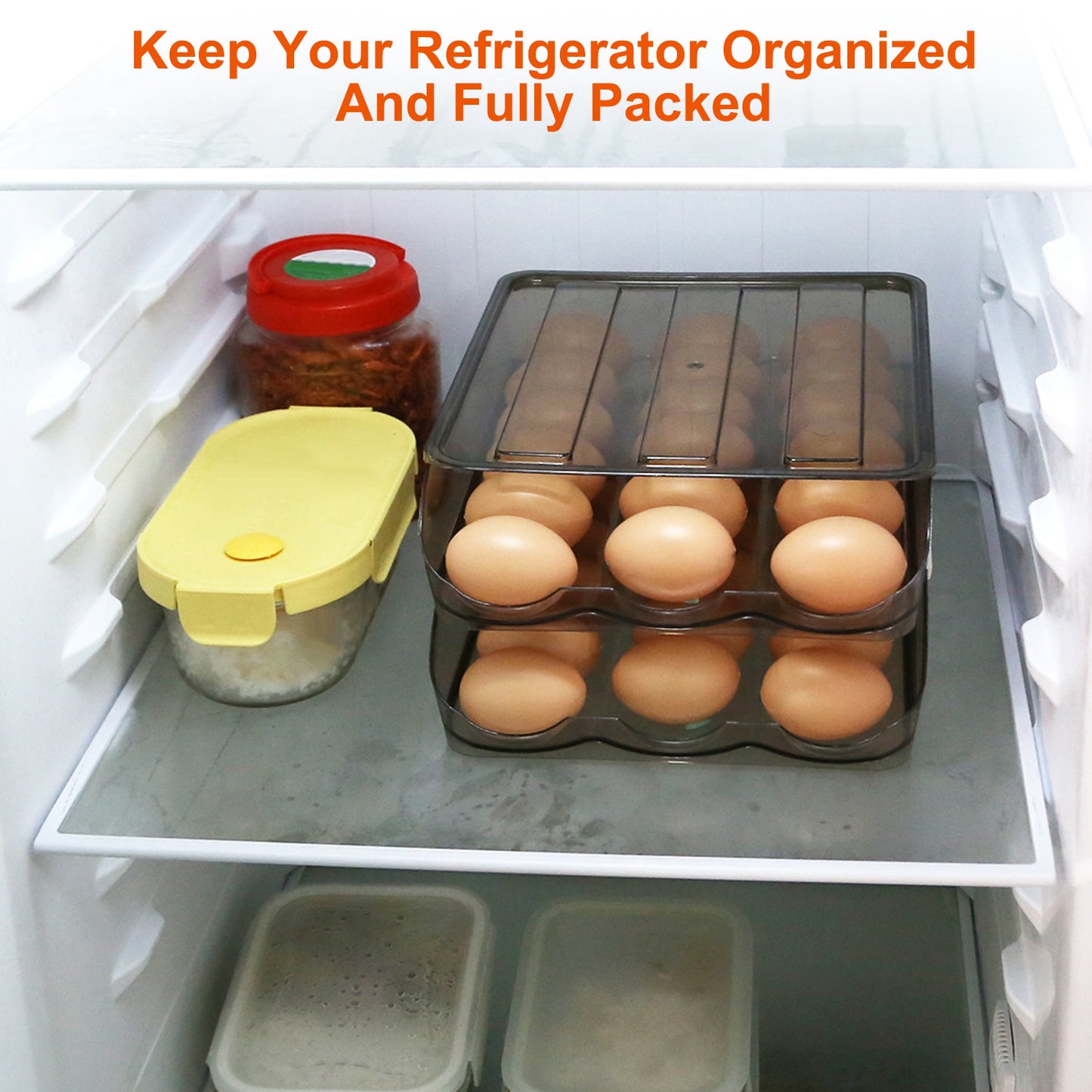 Double Layer Egg Container Holder – Refrigerator Egg Storage Box with Lid, Automatic Rolling Organizer for 36 Eggs