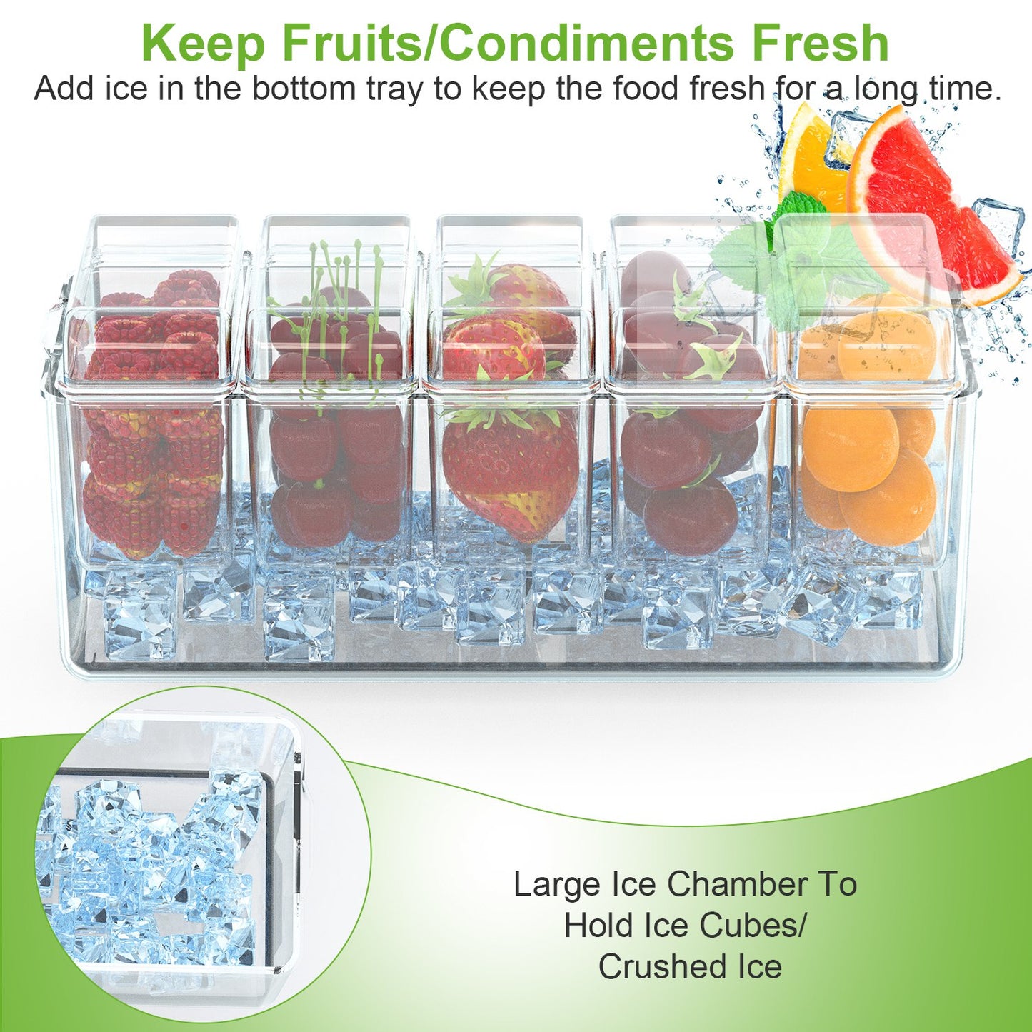 Ice Chilled Condiment Caddy Serving Tray – 1 Set Salad Platter with 5 Removable Containers, Lids, Tongs & Sporks