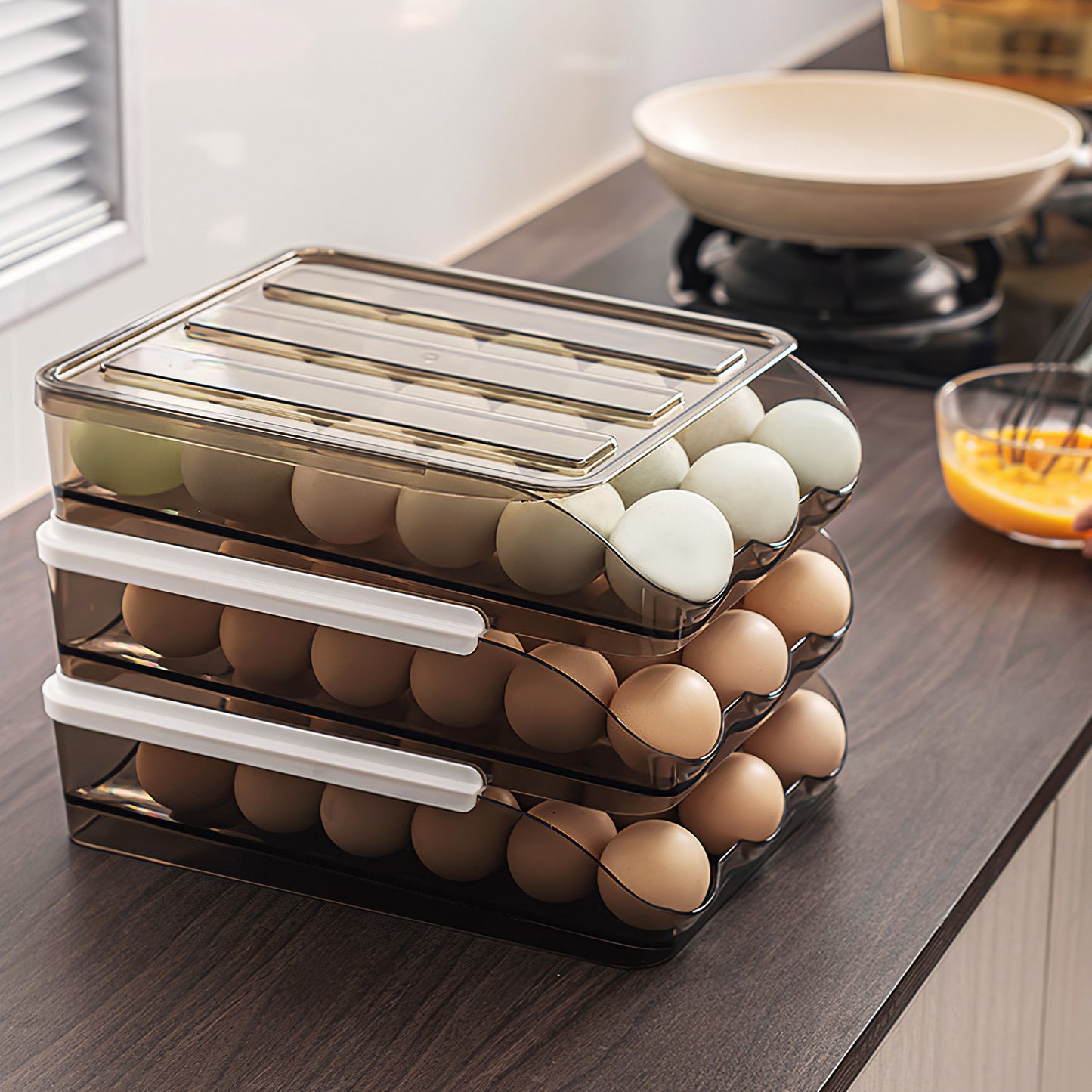 Double Layer Egg Container Holder – Refrigerator Egg Storage Box with Lid, Automatic Rolling Organizer for 36 Eggs