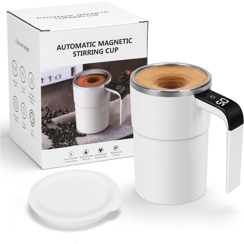 12oz Self-Stirring Coffee Mug – Automatic Magnetic Stirring Cup with LED Temperature Display, Rechargeable