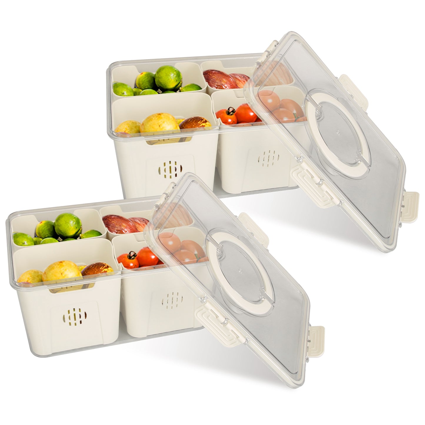 Airtight Fruit & Vegetable Storage Containers (2 Pack) – 4 Compartment Fridge Organizer with Removable Colanders, Leakproof Food Keeper