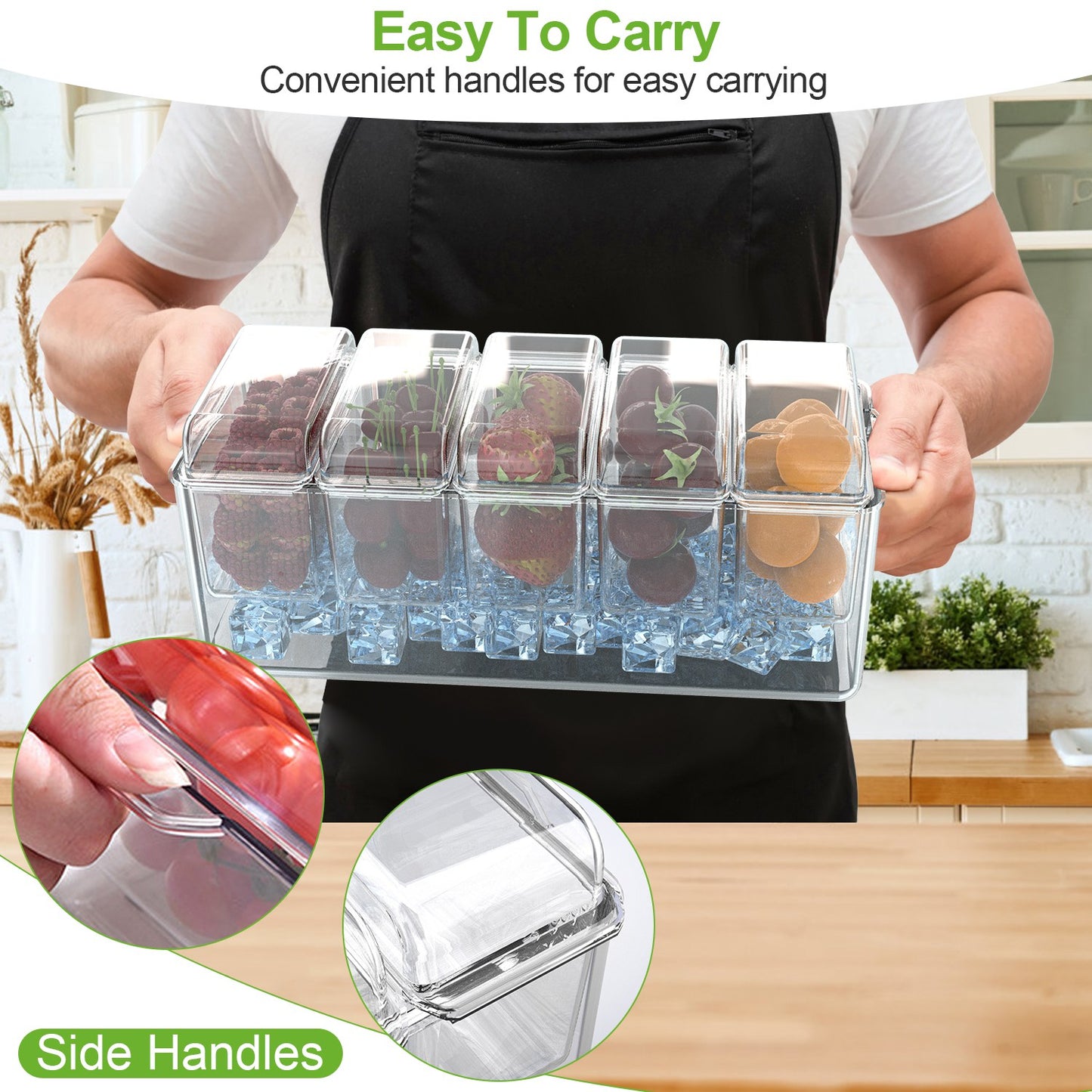 Ice Chilled Condiment Caddy Serving Tray – 1 Set Salad Platter with 5 Removable Containers, Lids, Tongs & Sporks