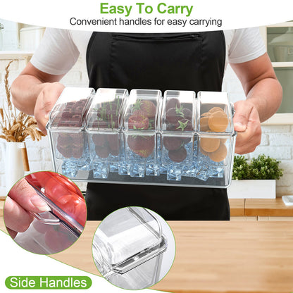 Ice Chilled Condiment Caddy Serving Tray – 1 Set Salad Platter with 5 Removable Containers, Lids, Tongs & Sporks